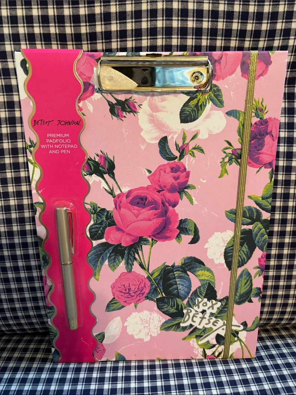 Betsey Johnson Pink Floral Clipboard Notepad with Gold Clip & Pen